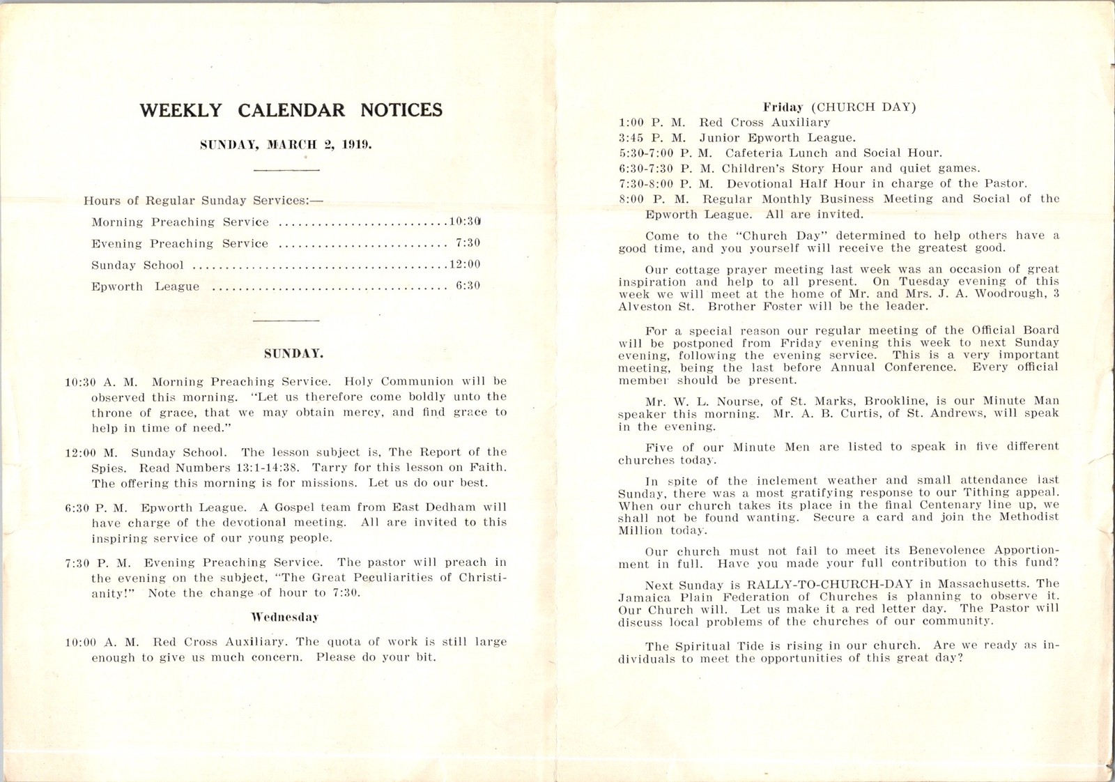 First Meth Episc Church Jamaica Plain MA Bulletin c1910 Directory