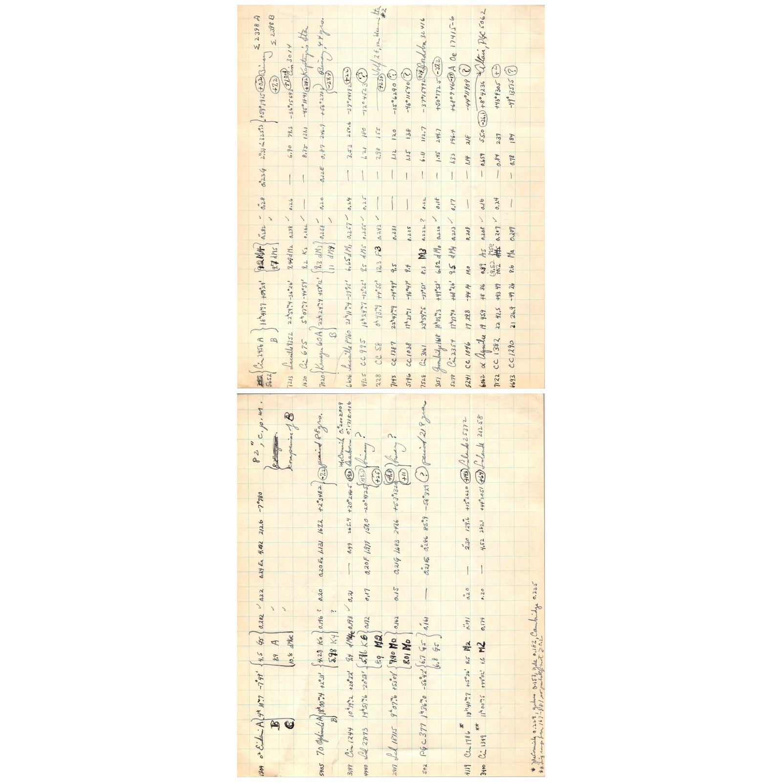 Astronomy Ledger Page c1940s Handwritten Stellar Data Graph Paper Ink Crease