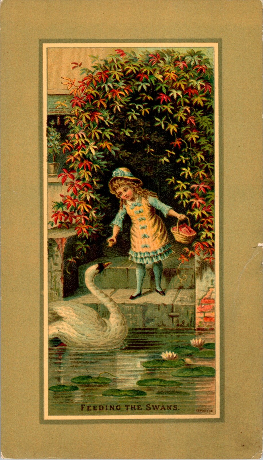 Victorian Chromo Lithograph Feeding the Swans 1880s Genre Scene 4x9in