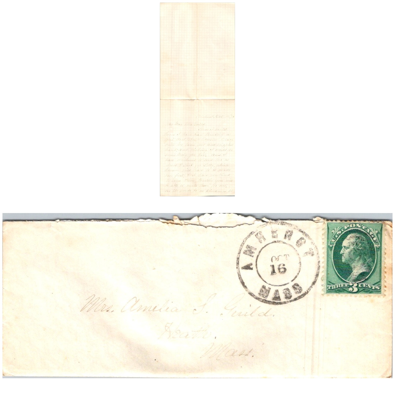 1878 Letter from A.E. Miller Amherst MA to Amelia S. Guild Heath MA Dress Cloak
