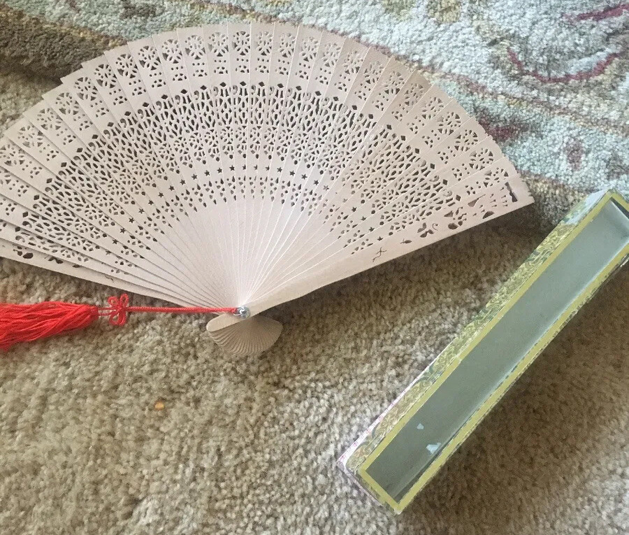 Vintage Folding Wood and Paper Cut Out Design Beige Fan Red Tassel And Box