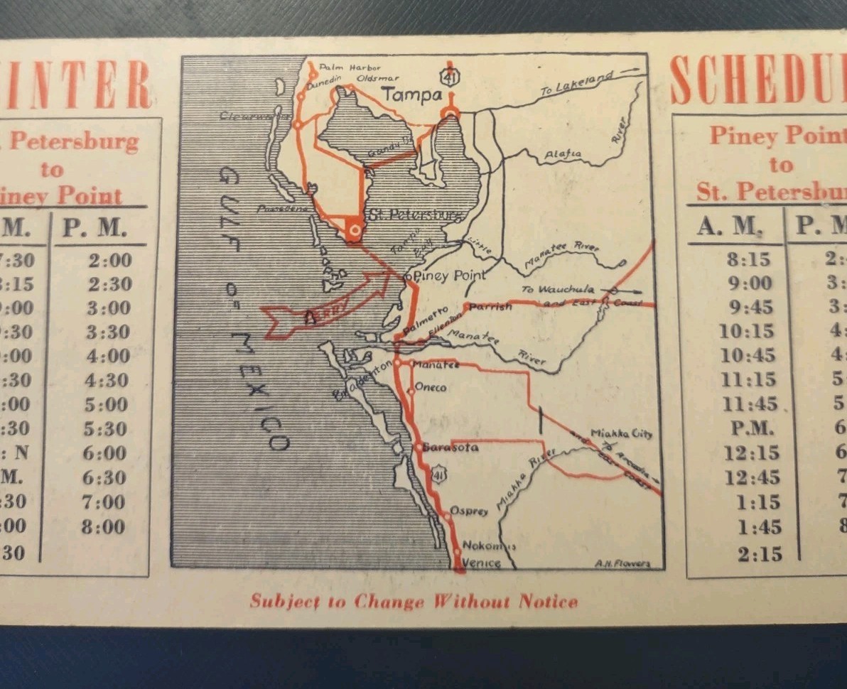 1947 St Petersburg Port Bee Line Ferry Winter Schedule Advertising Card