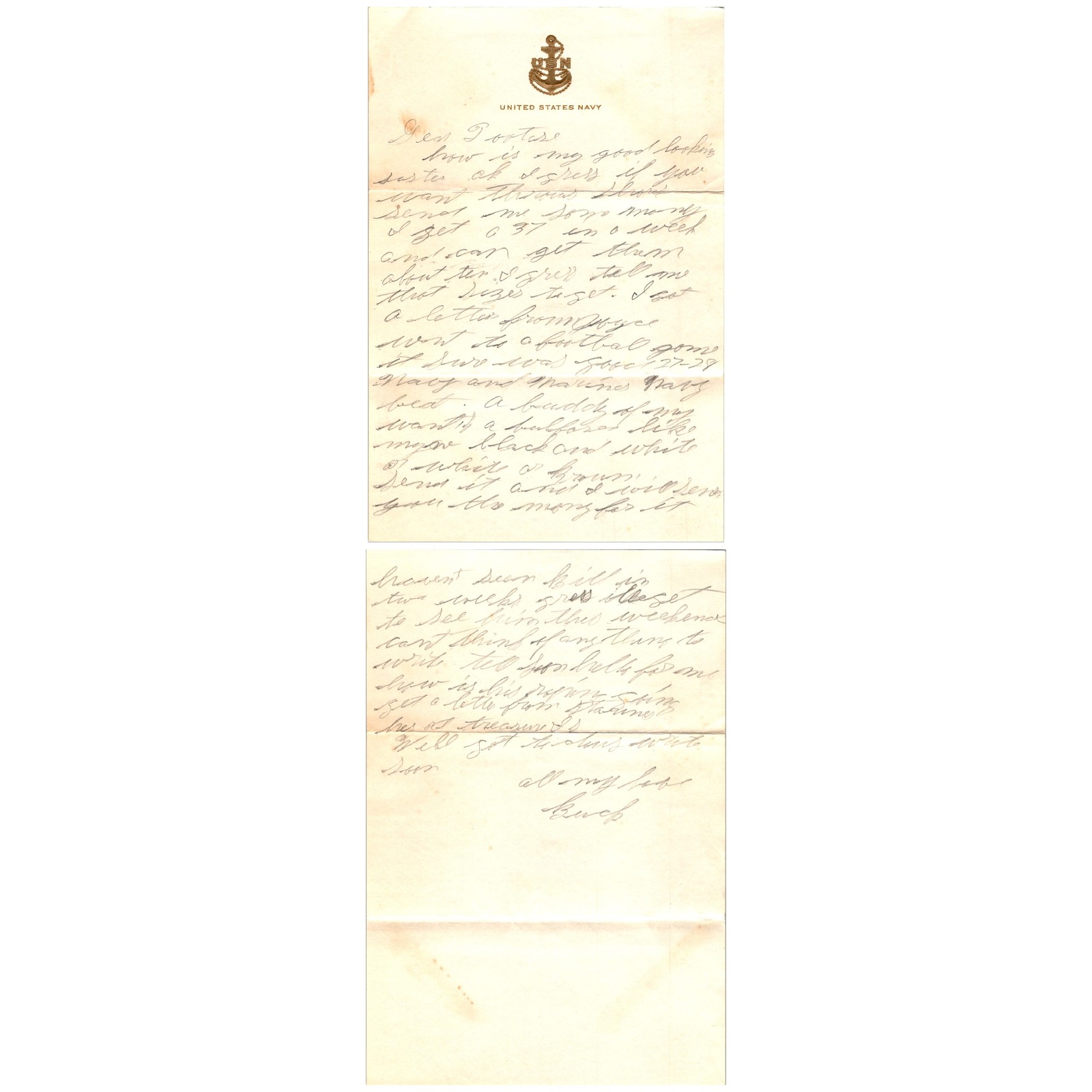 WWII US Navy Handwritten Letter Dear Porter Treasure Island 1940s