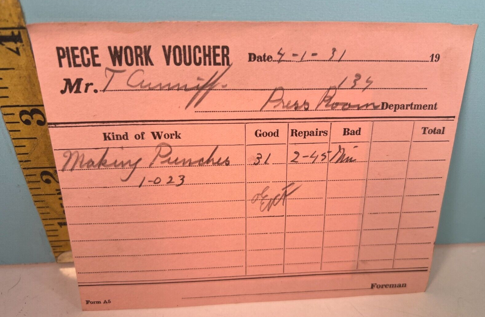 1931 Piece Work Voucher Press Room Department making punches.