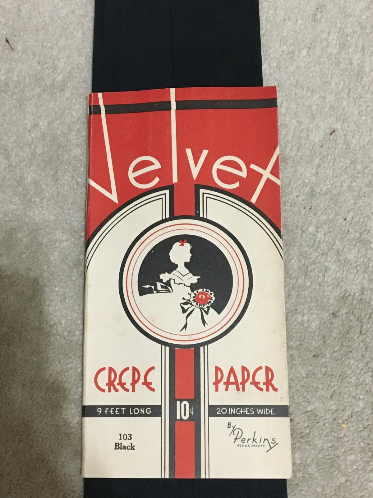 Vintage c1930’s VELVET brand Crepe Paper by PERKINS #103 Black 9 feet x 20″