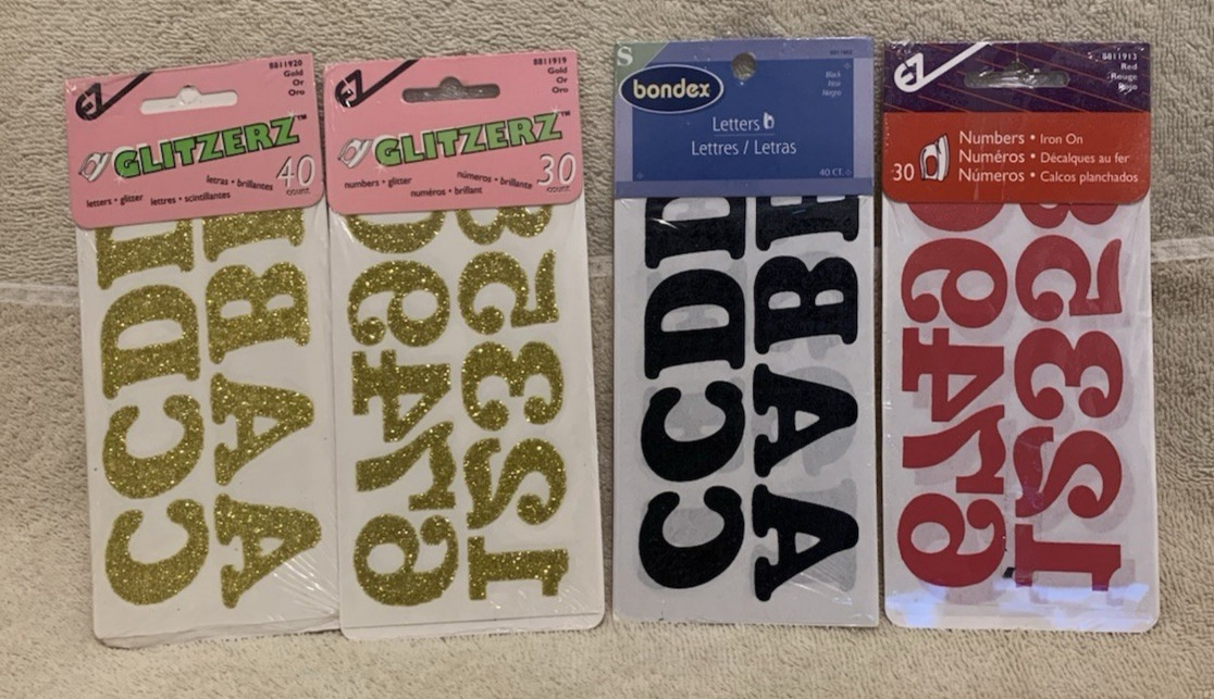 Lot Of 4 Packs Wrights ALPHABET LETTERS & NUMBERS Iron On Stickers 140 Pc – NEW