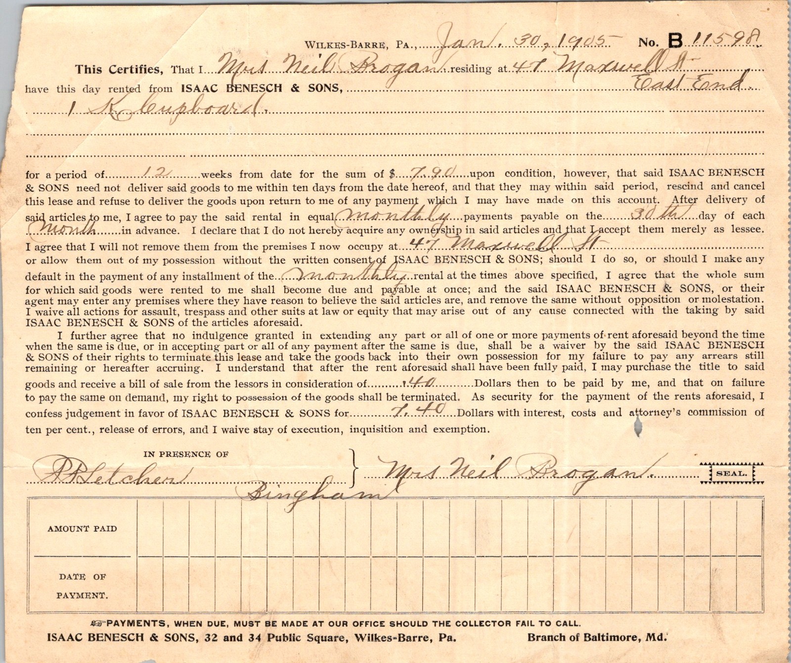 1900s Isaac Benesch & Sons Mrs Neil Brogan Lease Agreement Form Antique
