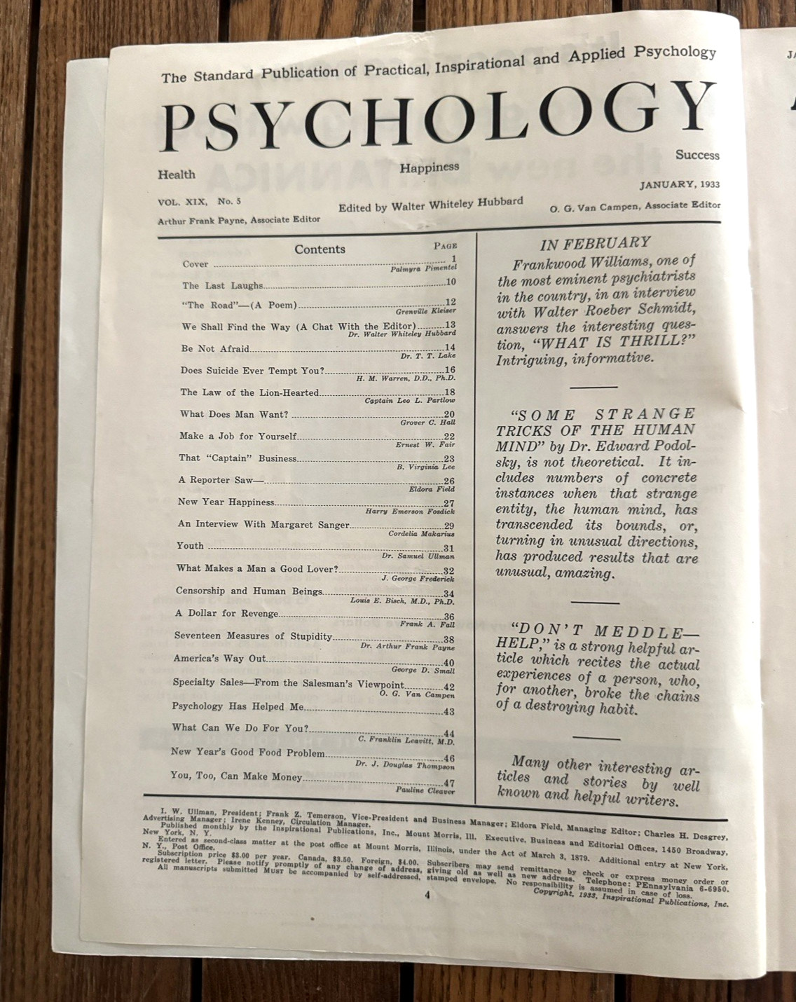 VINTAGE ‘PSYCHOLOGY’ MAGAZINE JANUARY 1933 EDITION + GREAT ILLUSTRATIONS!