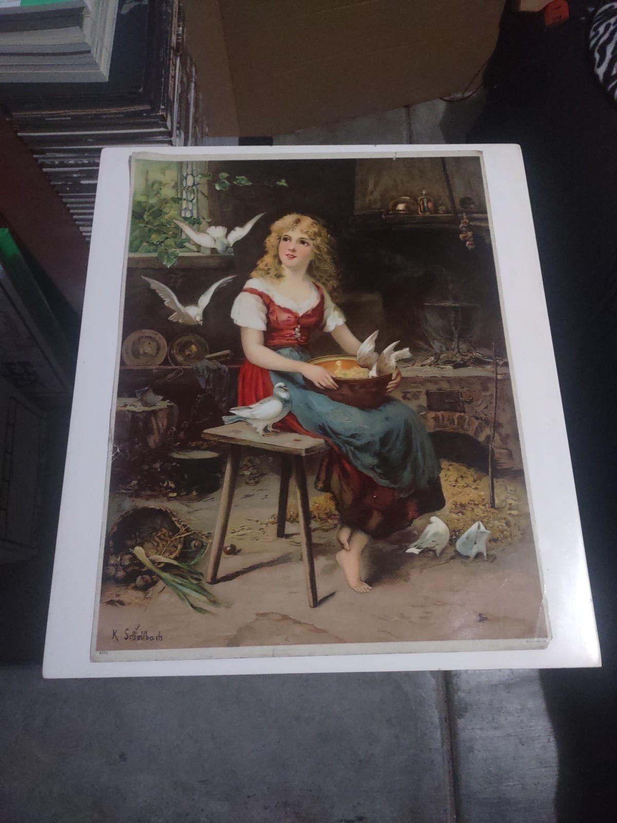VINTAGE LATE 1800’S CHROMOLITHOGRAPH PRINT K. SCHELLBACH CINDERELLA BIRDS