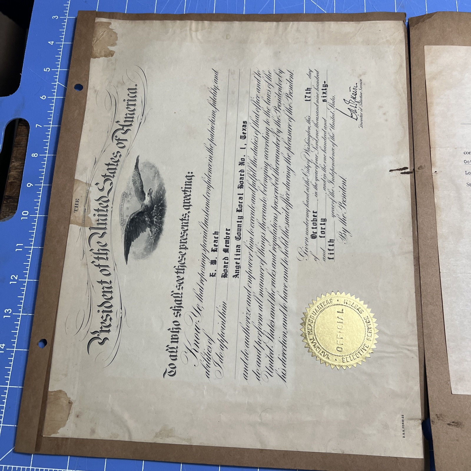 1940s Document WWII Local Board Appointment Selective Service Lufkin Texas