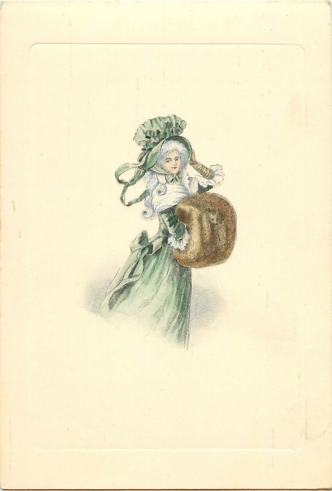 Vintage 19th Century Hand-Colored Fashion Engraving Card Lady in Green w Muff