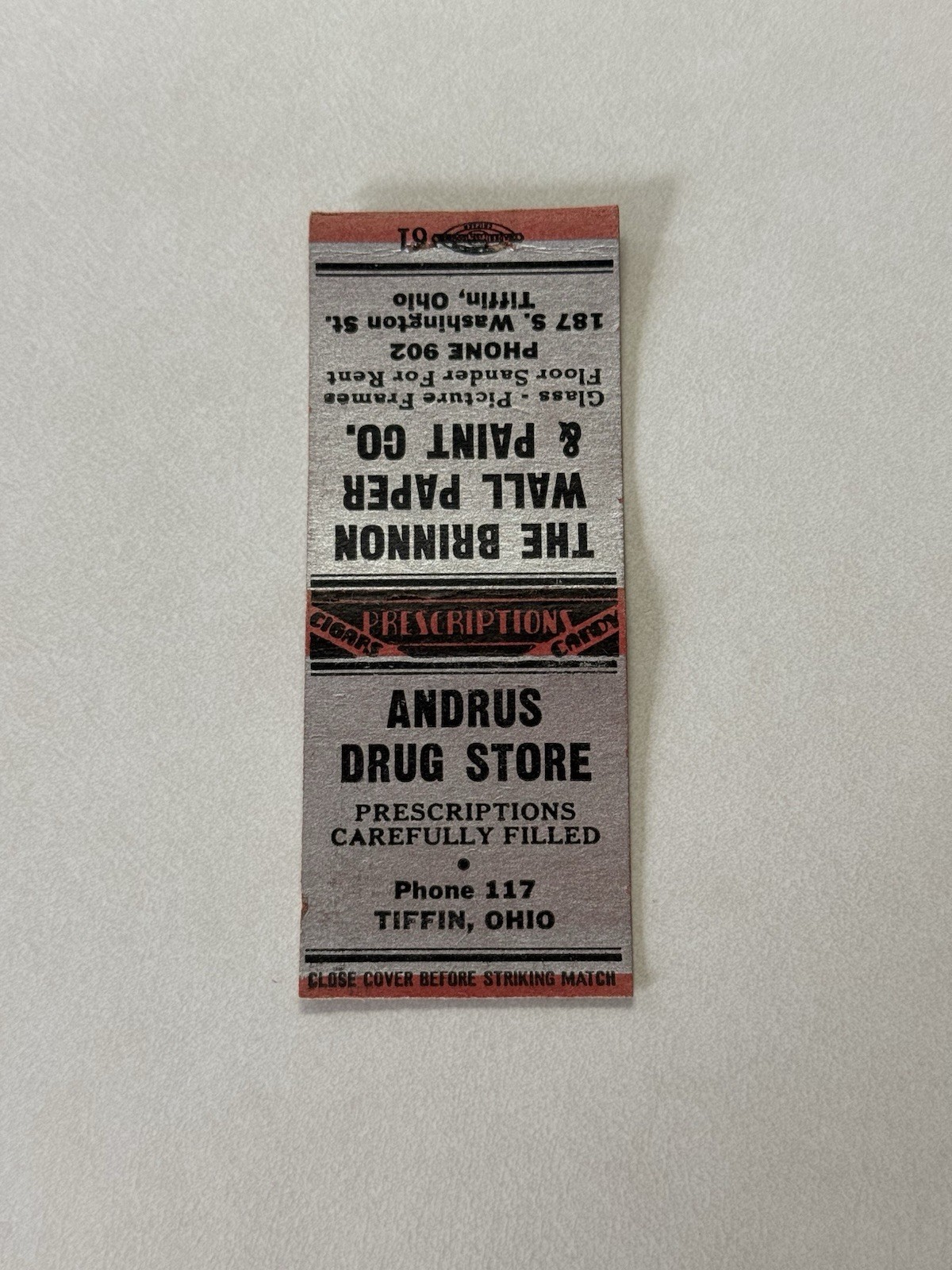 Andrus Drug Store Brinnon Wall Paper And Paint Tiffin Ohio Matchbook Cover 500