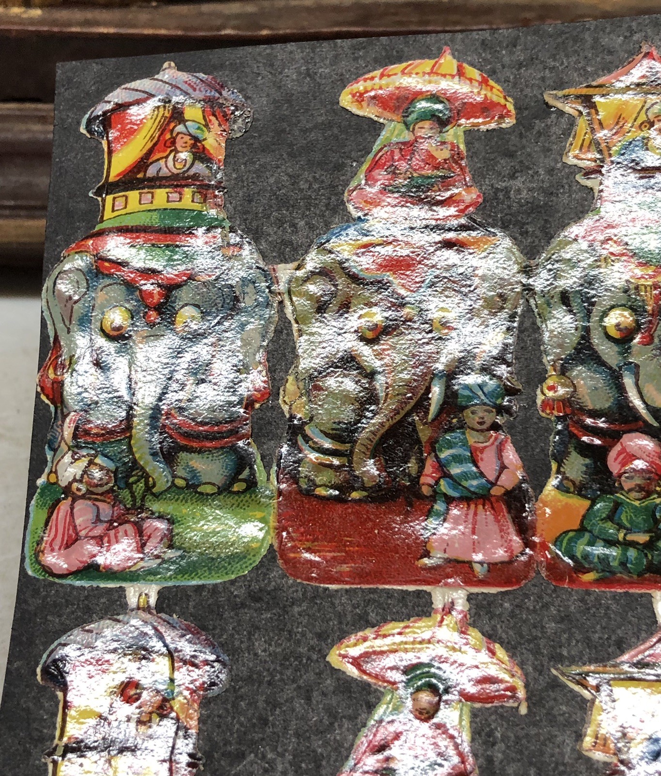 Indian Elephants & Kid Band Die Cut Scraps Glued on Paper Double Sided L14