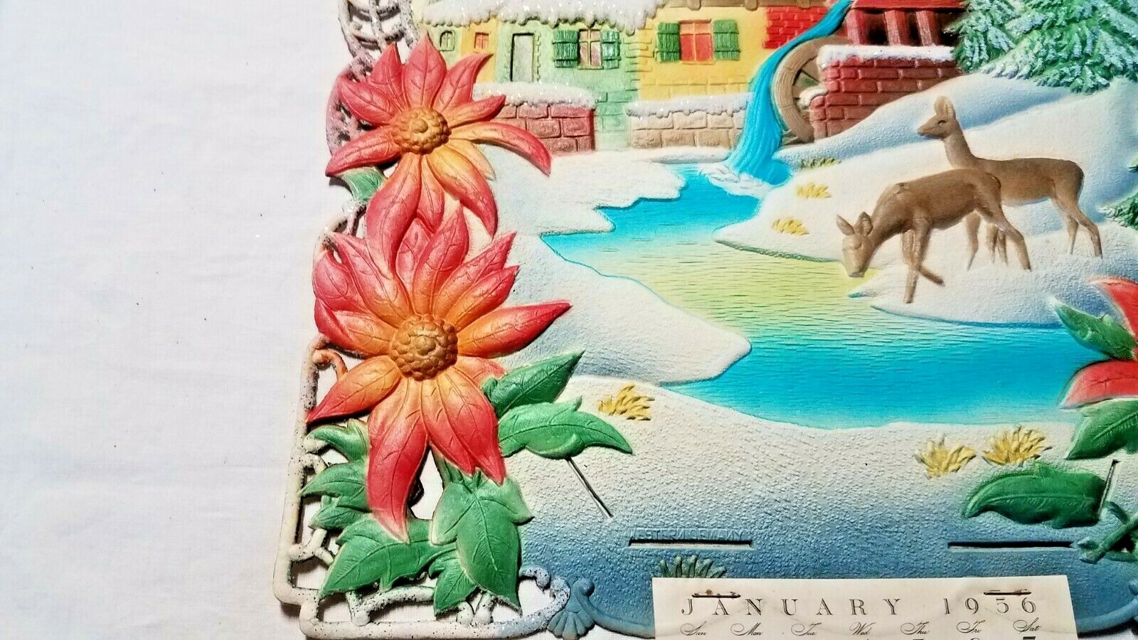Vintage Embossed German Christmas Farmhouse w/1956 Calendar 15 1/2″ x 21″ DieCut