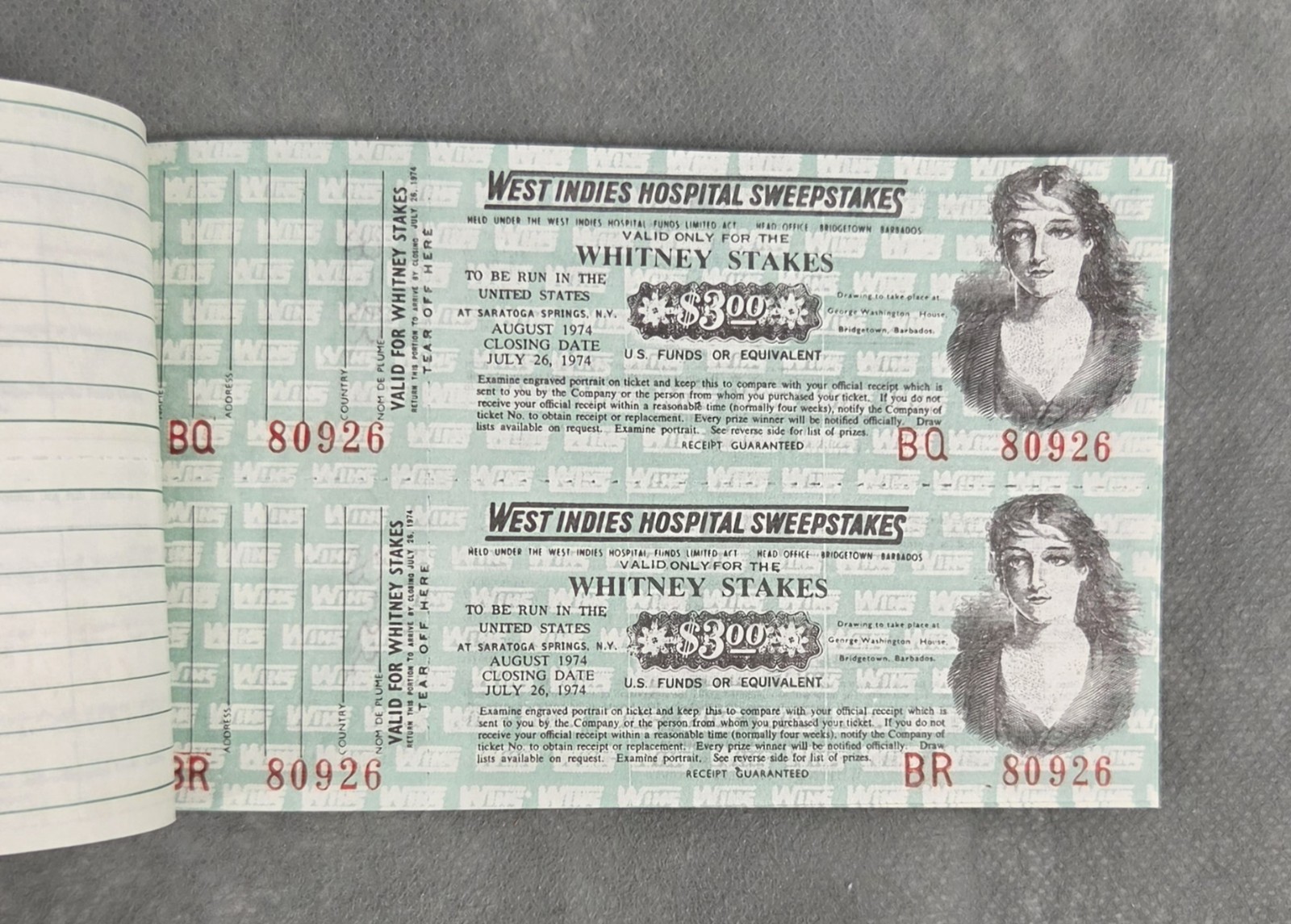 Vintage 1974 WEST INDIES HOSPITAL Advertising SWEEPSTAKES Ticket Book PRIZE LIST