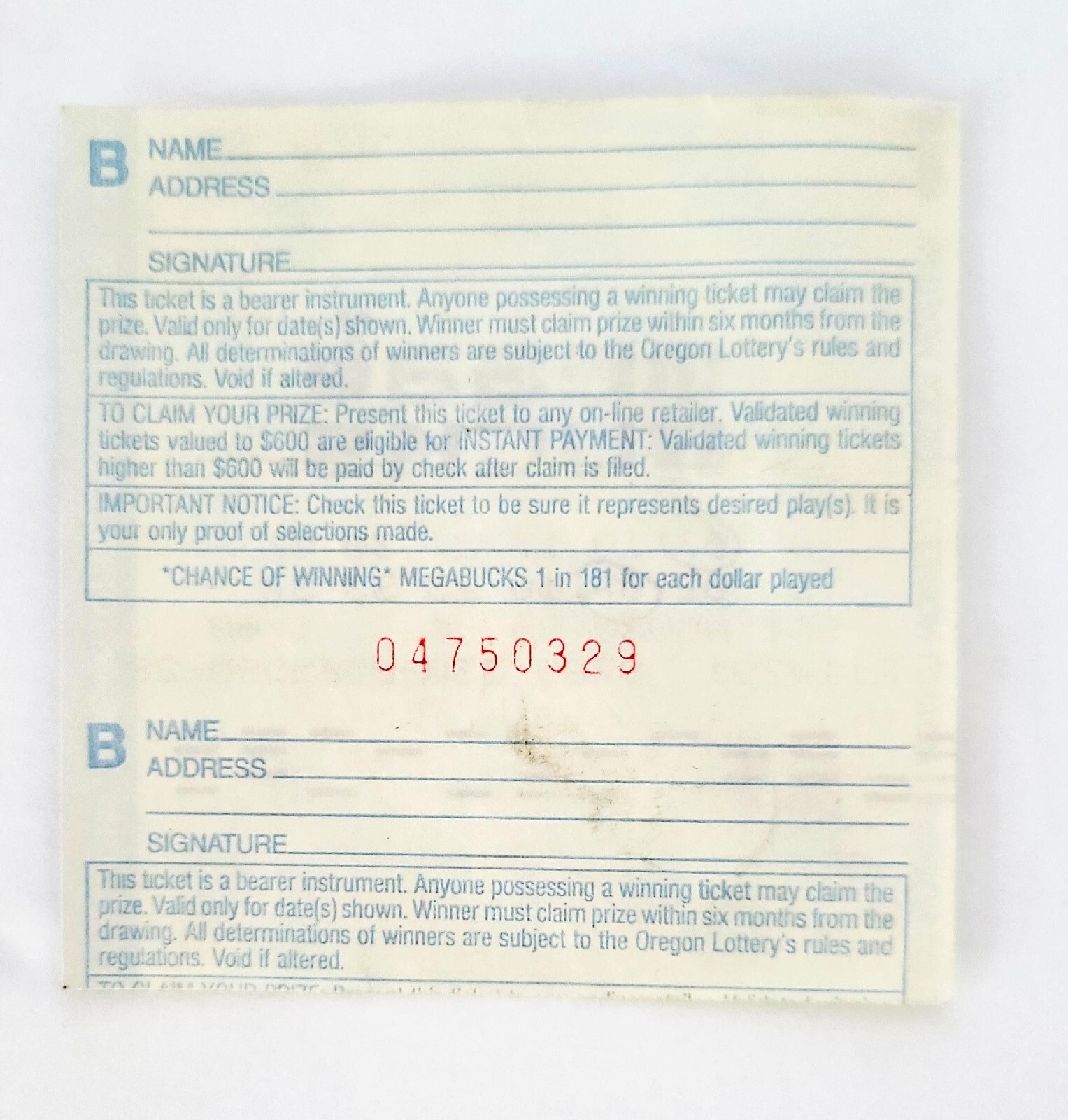 Vintage 1985 Oregon MEGABUCKS Lottery Ticket Inaugural Year Non Winning Ticket