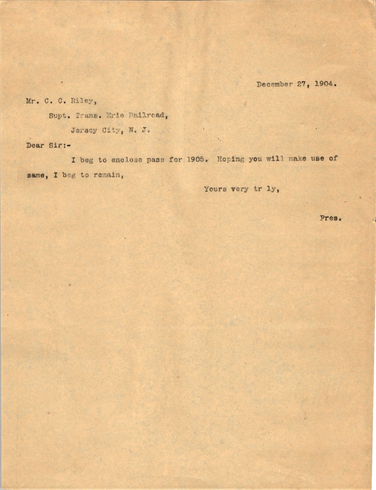 Erie Railroad 1905 Annual Pass Letter President Office Typed Document NJ