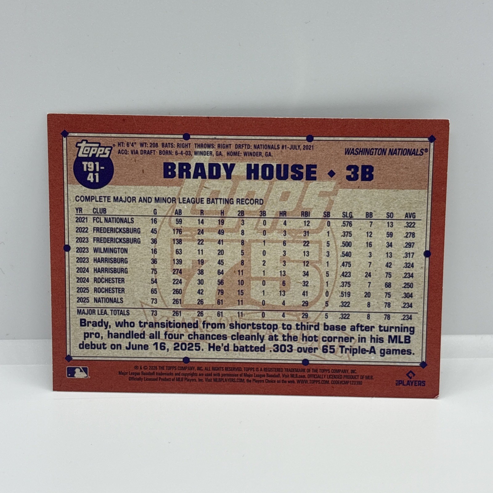 2026 Topps MLB 75 Years Brady House Rookie Card T91-41 Nationals