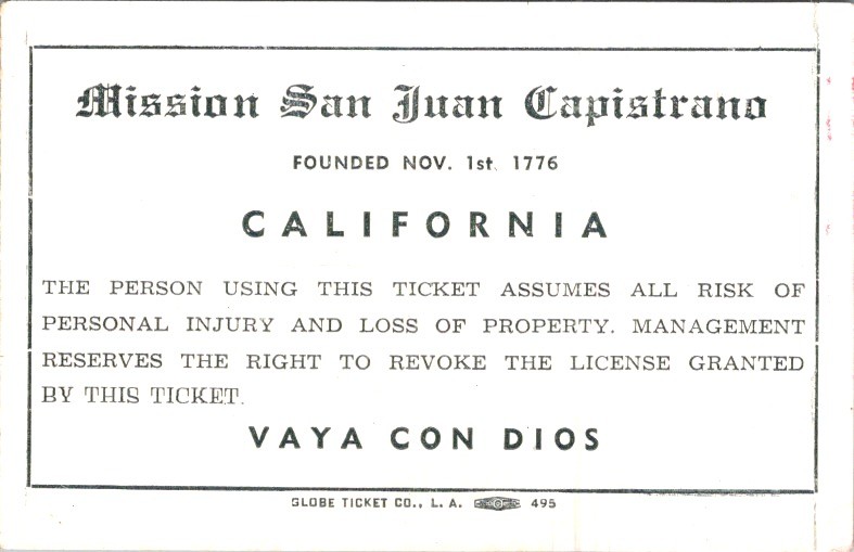 Mission San Juan Capistrano Ticket 495 Globe Ticket Co. Halftone Bell Wall 1776