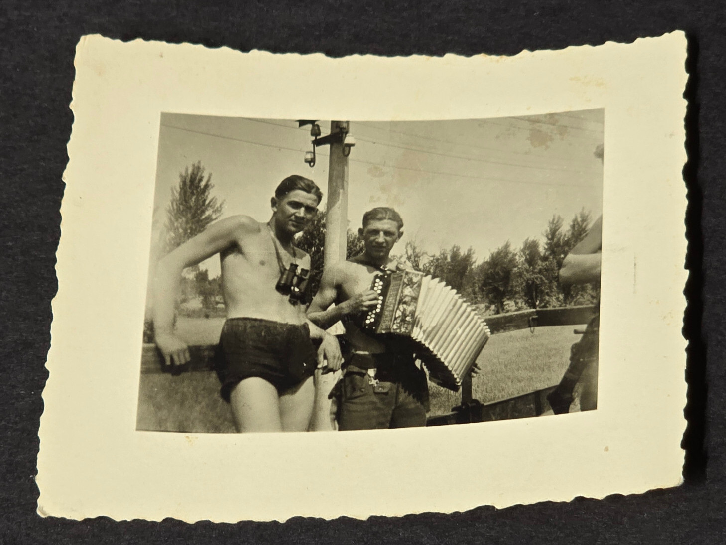 CROATIA YOUNG SHIRTLESS SOLDIERS w ACCORDION BINOCULARS WW2 WWII German Photo
