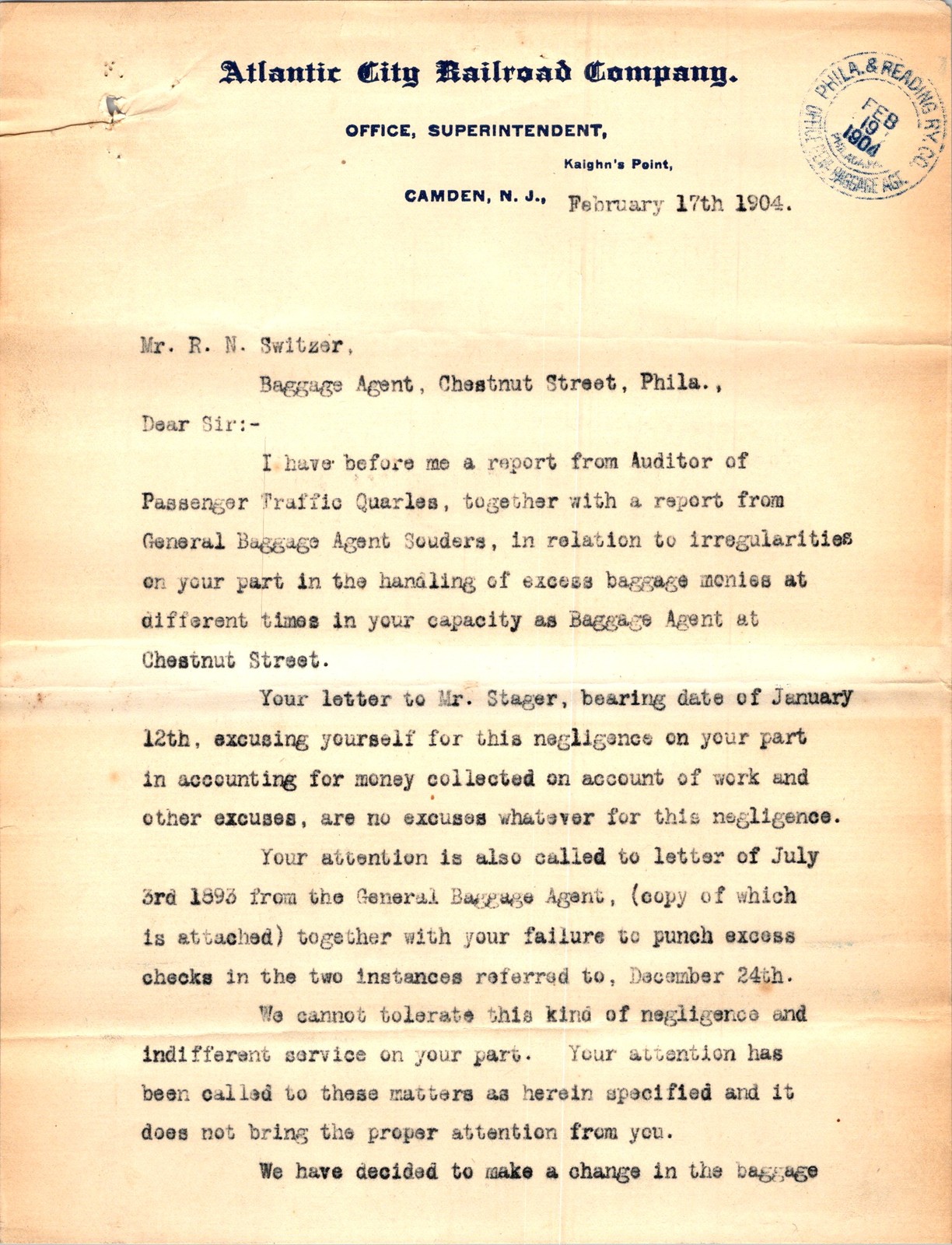 1904 Atlantic City Railroad Co Letter Superintendent Reprimand Baggage Agent