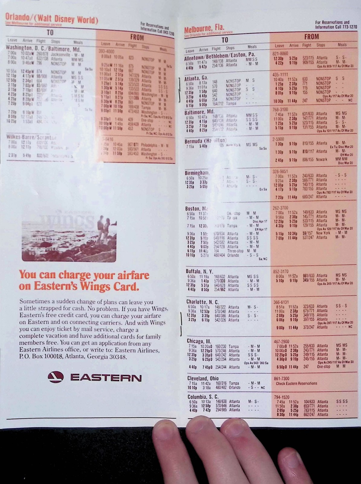 1978 Eastern Air Lines Timetable Brochure Orlando Walt Disney World Fares