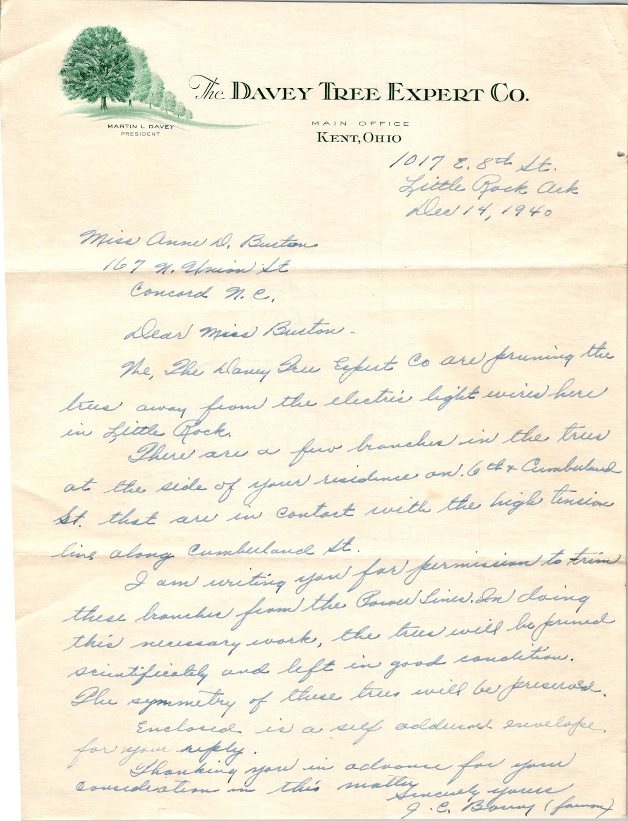 1940 Davey Tree Expert Co Letter Little Rock AR Arboriculture Pruning Electric