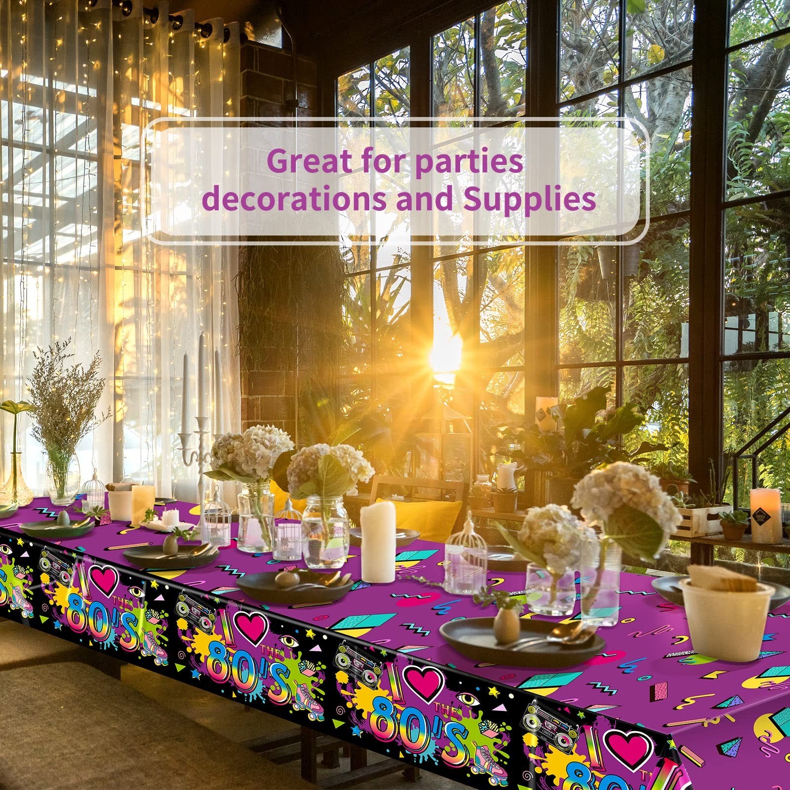 Kasyat 3 Pieces 80s Plastic Party Tablecloth 80’s Table Cover 80’s Birthday S…