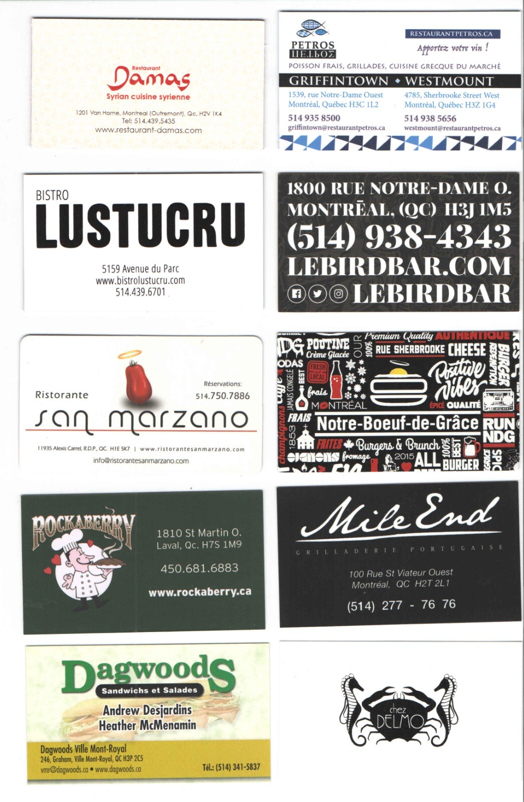 Montreal + AZ + FL + NV Restaurant Business Card Lot 50 different CARDS