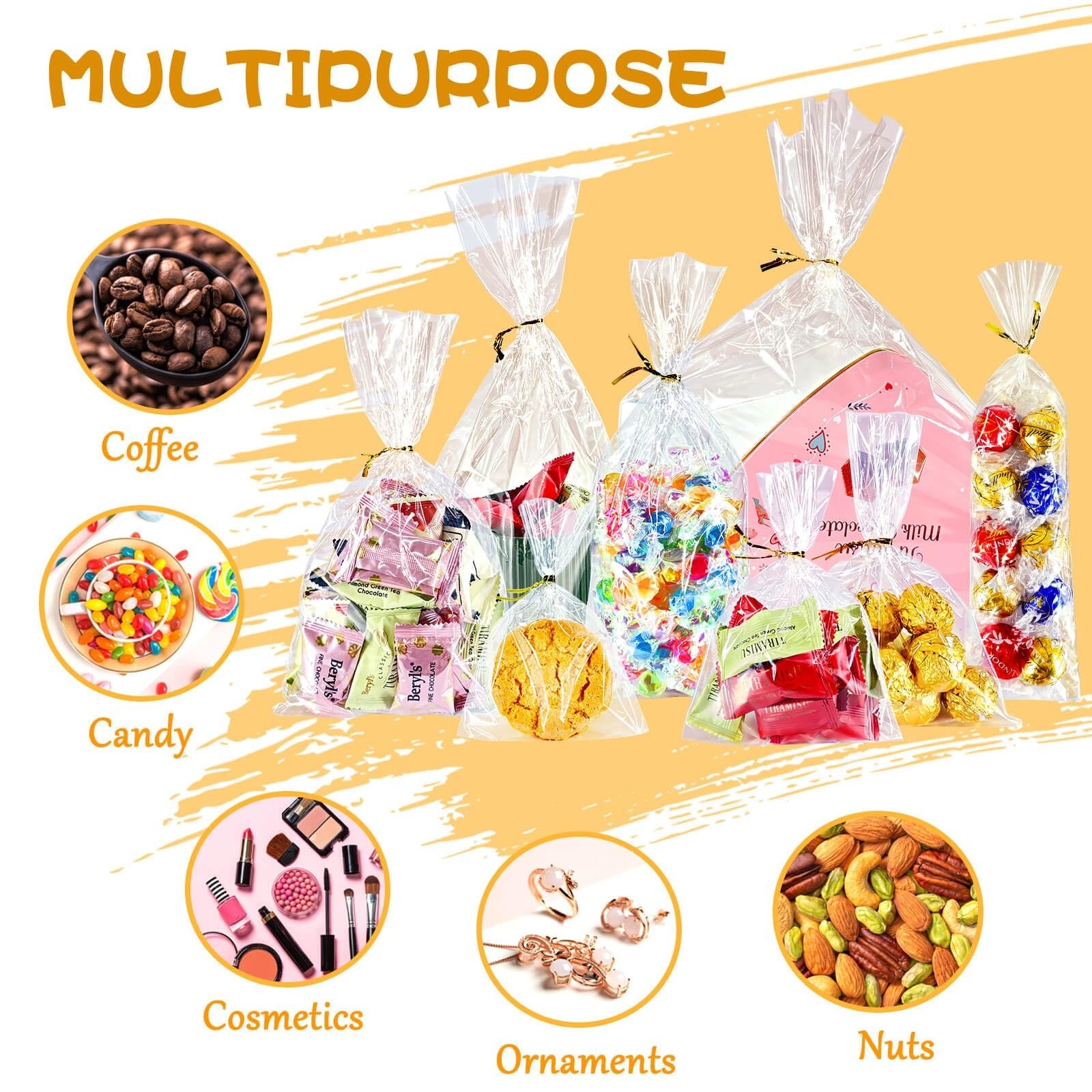 Cherodada 6″x 8″, 200Pcs Cellophane Treat Bags with Twist Ties for Gift Wrapp…