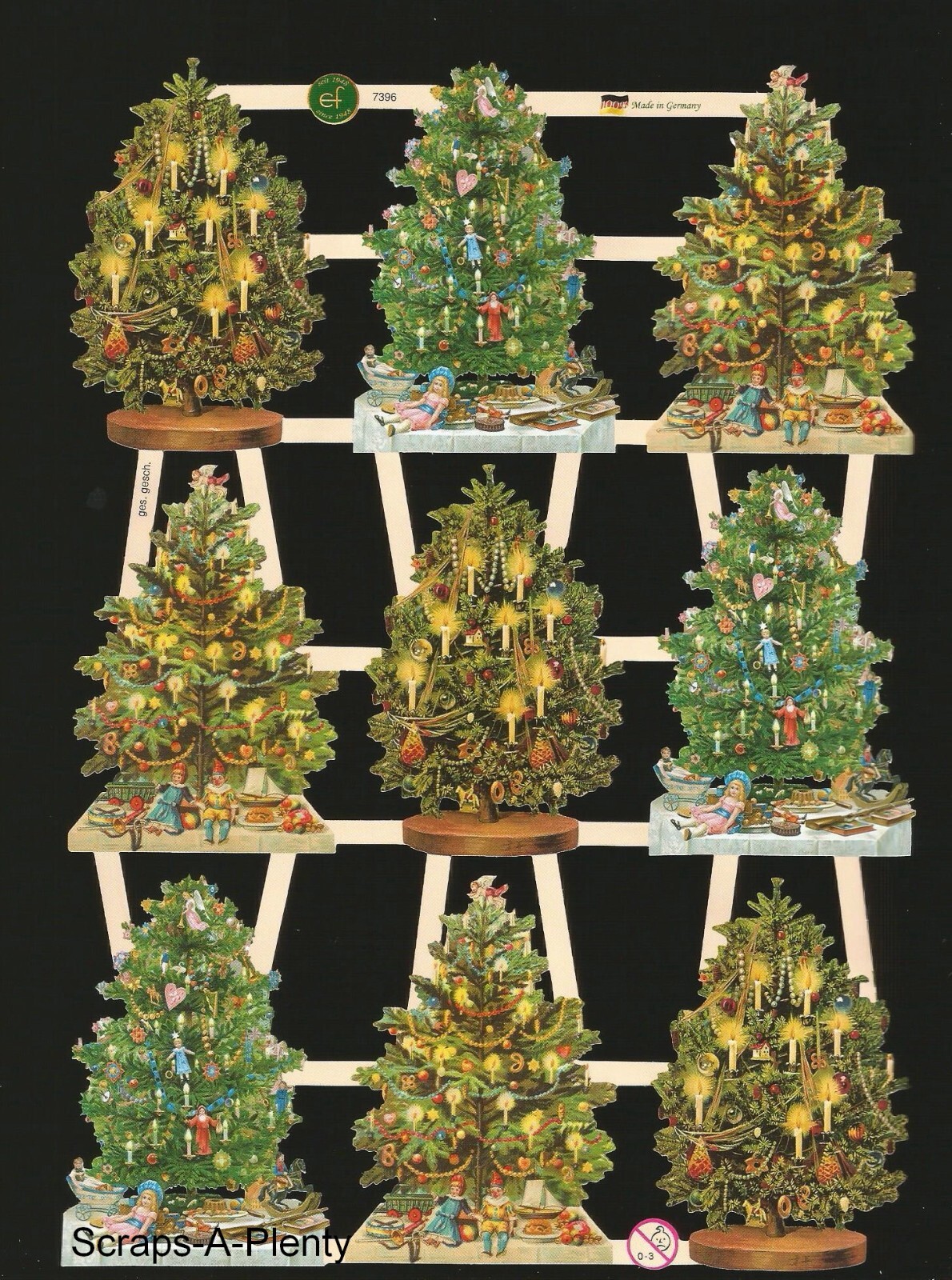 German Embossed Victorian Style Scrap Die Cut – Colorful Christmas Trees EF7396