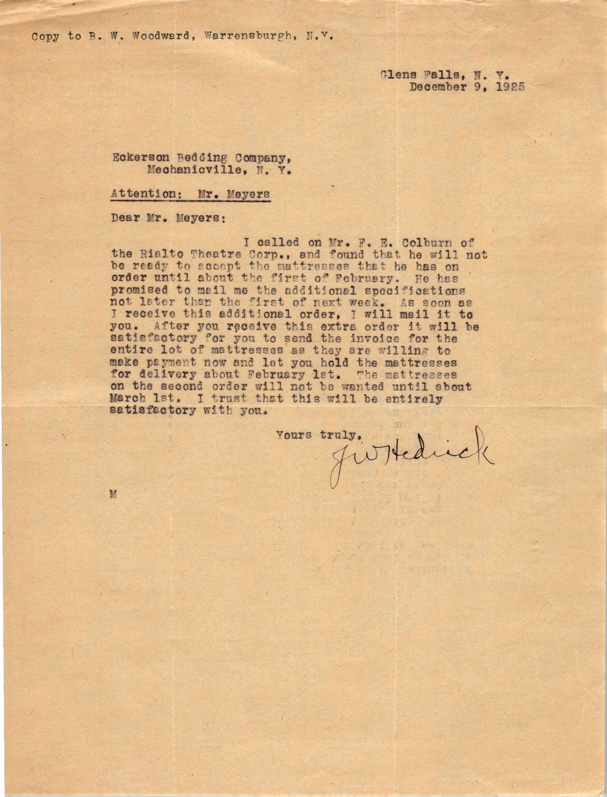 1925 Eckerson Bedding Co Letter J.W. Hedrick Rialto Theatre Corp Mattress
