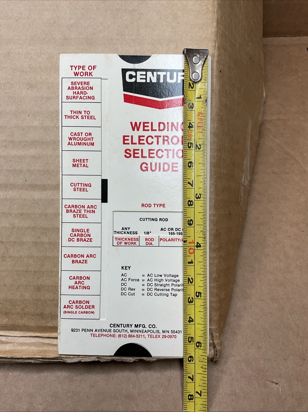 1982 Century WELDING ELECTRODE SELECTION GUIDE Card B70