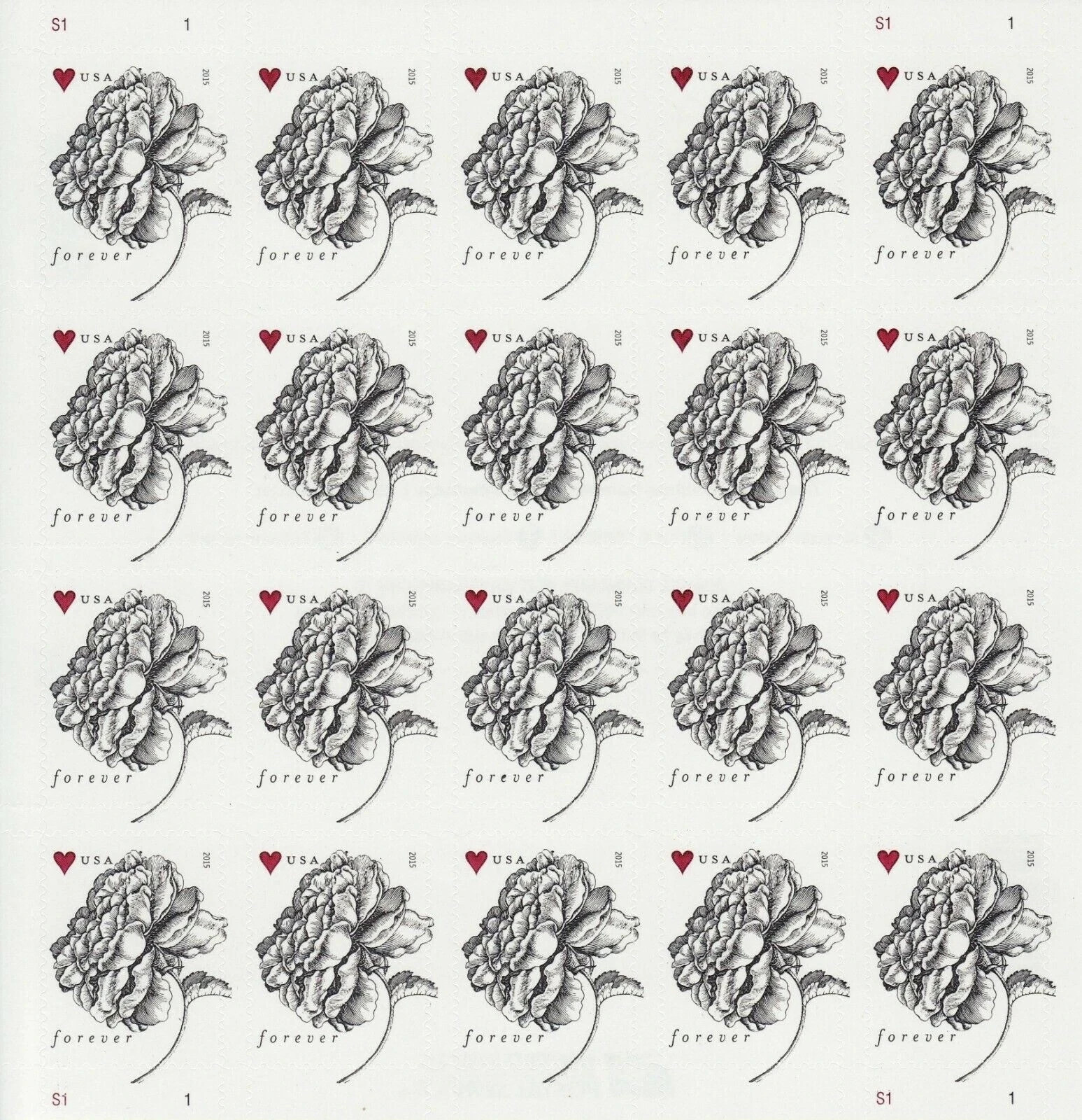 2015 USPS SHEET OF 100 FIRST CLASS LETTER STAMPS VINTAGE ROSE WEDDING INVITE 73¢