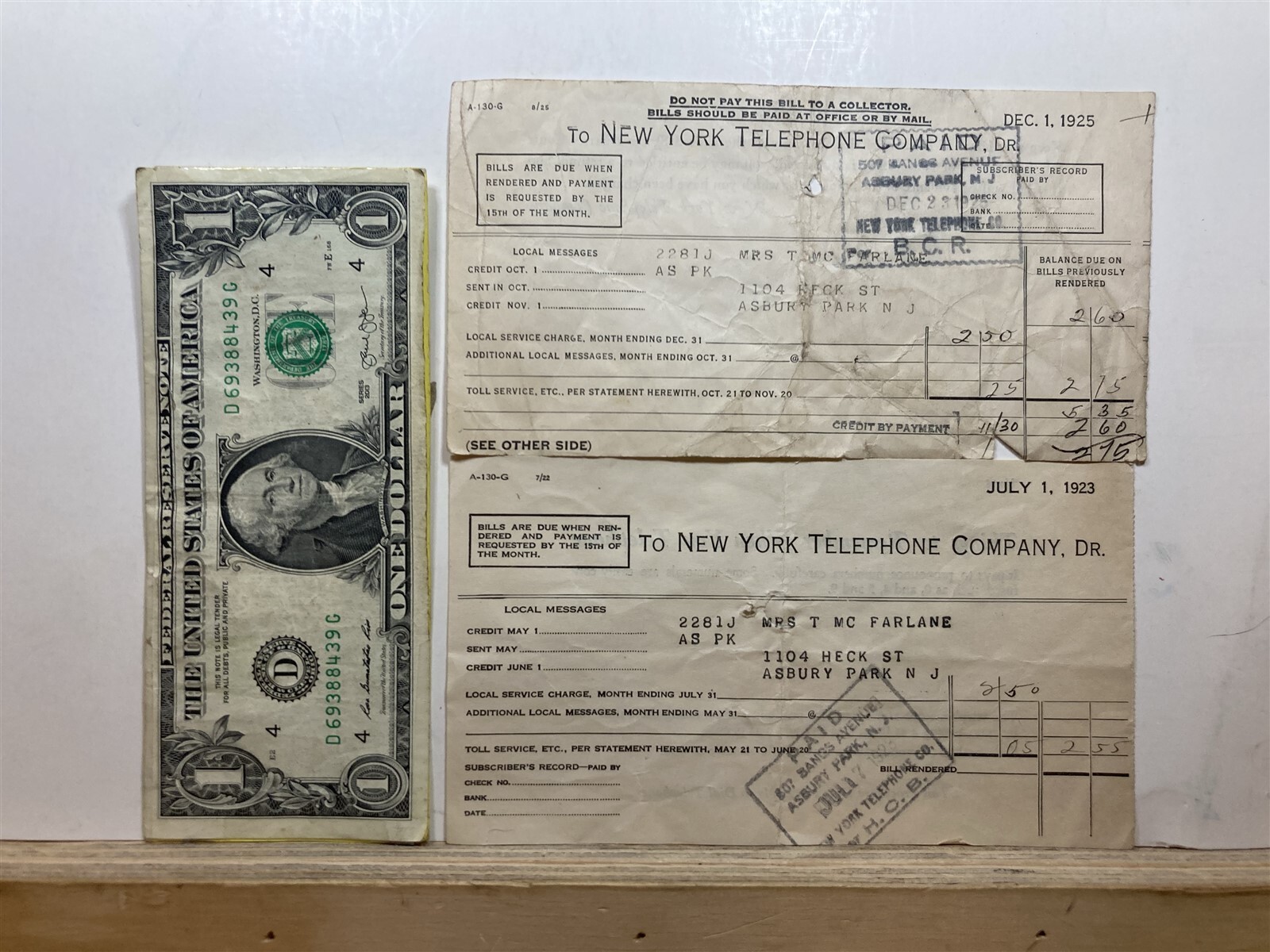 1923 1925 New York Telephone Company Asbury Park New Jersey Bills NJ Vtg