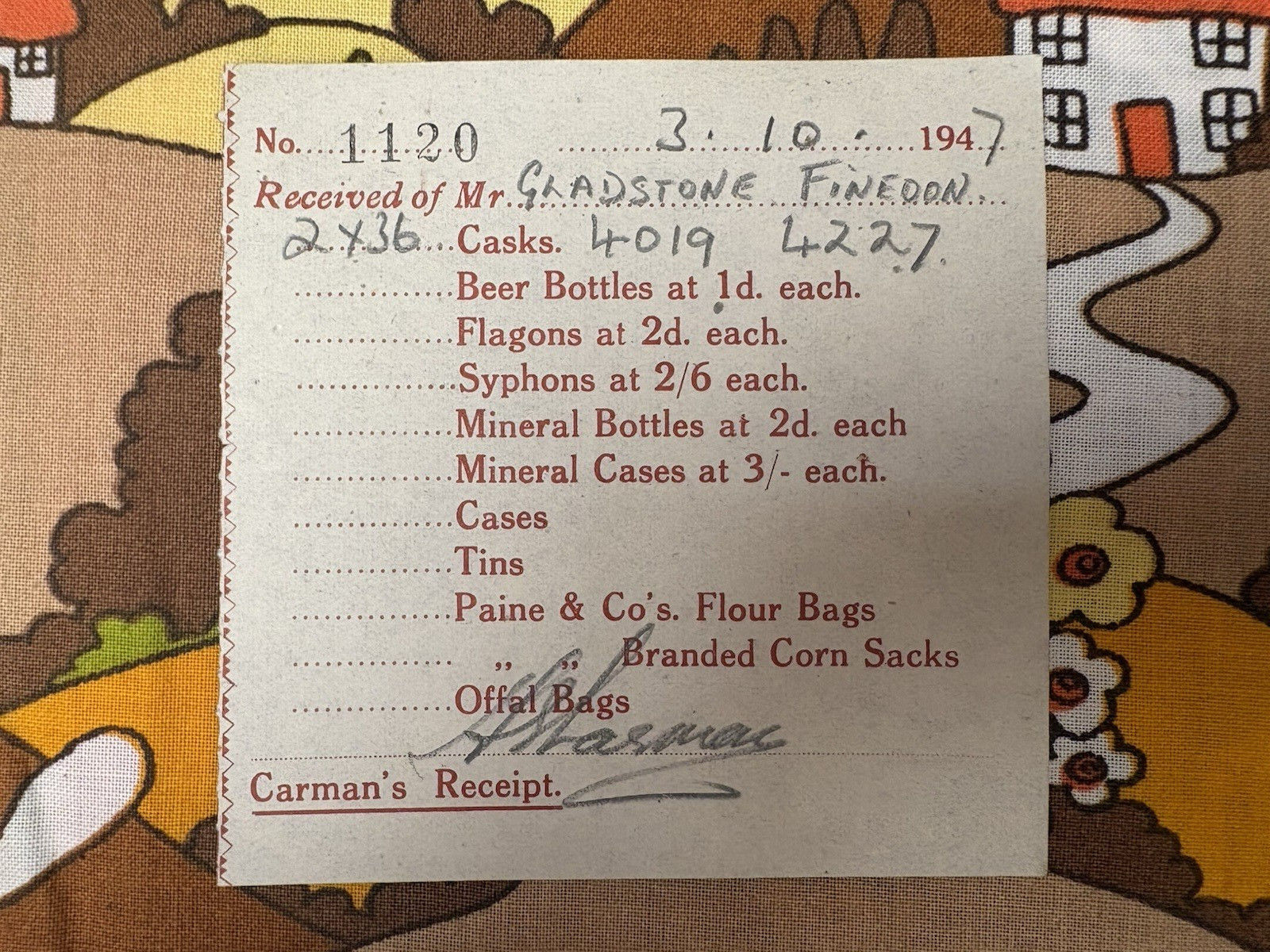 ‘Carman’s’ Receipts, 1940s Brewery Bottle Collection, Northamptonshire Area