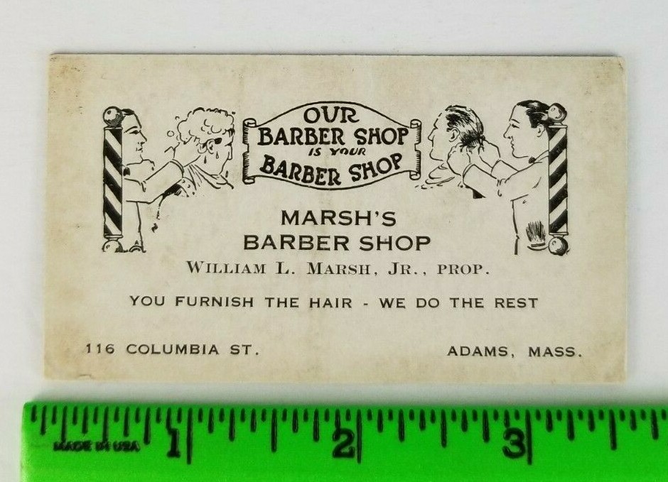Vintage 1900’s Marsh’s Barber Shop Adams Massachusetts Business Card