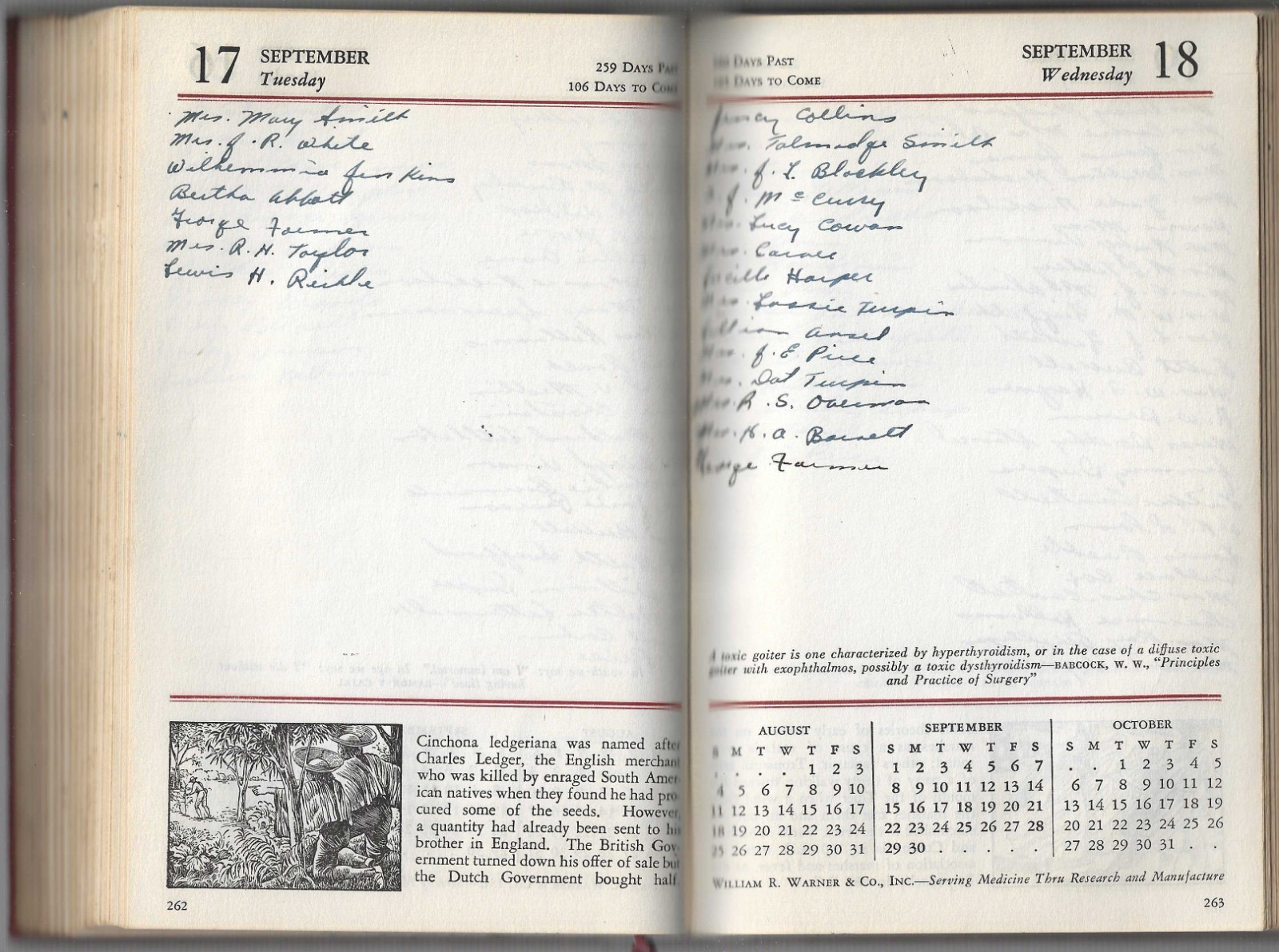 1946 WARNER’S CALENDAR OF MEDICAL HISTORY For The Use Of The Medical Profession
