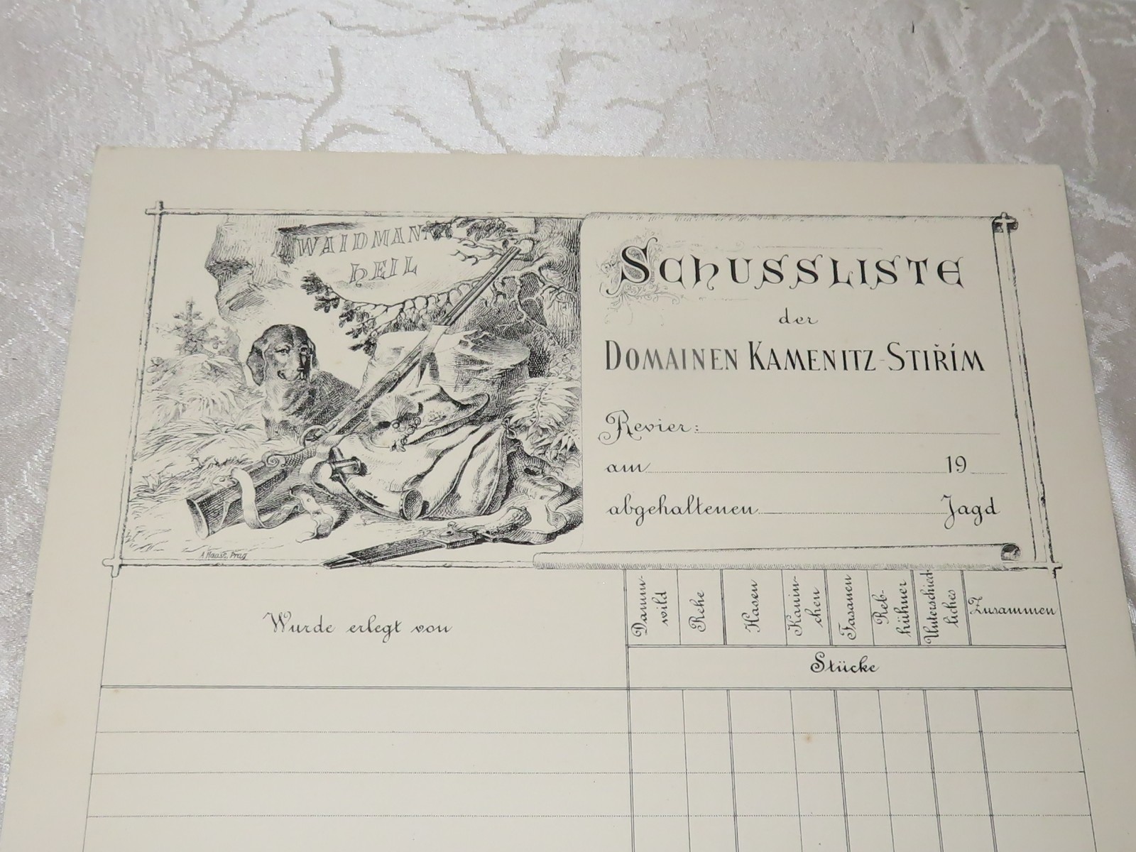 Antique Shooting Log Of The Kamenitz Domain Stirim Blank Hunting, Likely c. 1910