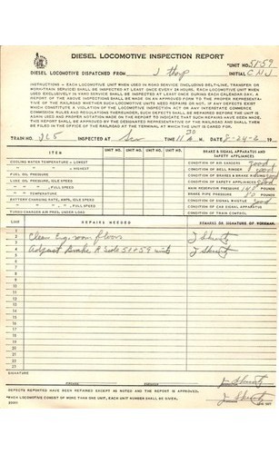 CNJ Diesel Locomotive Inspection Report 1962 Scranton PA Filled Out Railroadiana