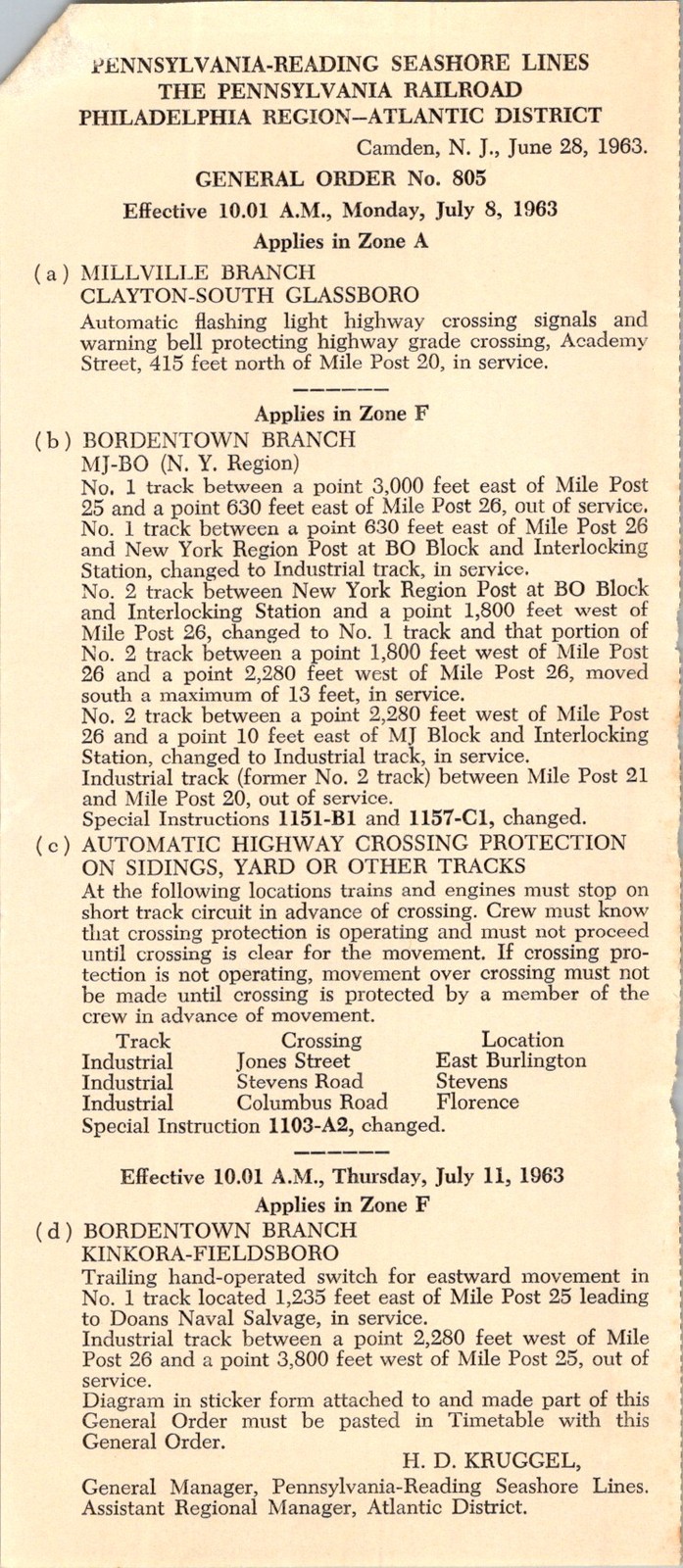 1963 Penn-Reading Seashore Lines General Order 805 Millville Bordentown NJ