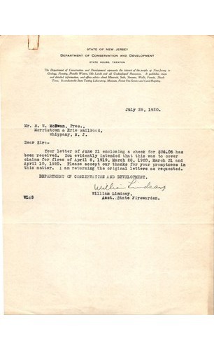1920 NJ Conservation Letter Morristown & Erie Railroad Fire Claim – Railroadiana