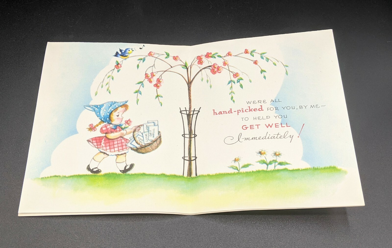 Unsigned Vintage Wallace Brown Greeting Card GET WELL Tree Girl Bluebird wishes