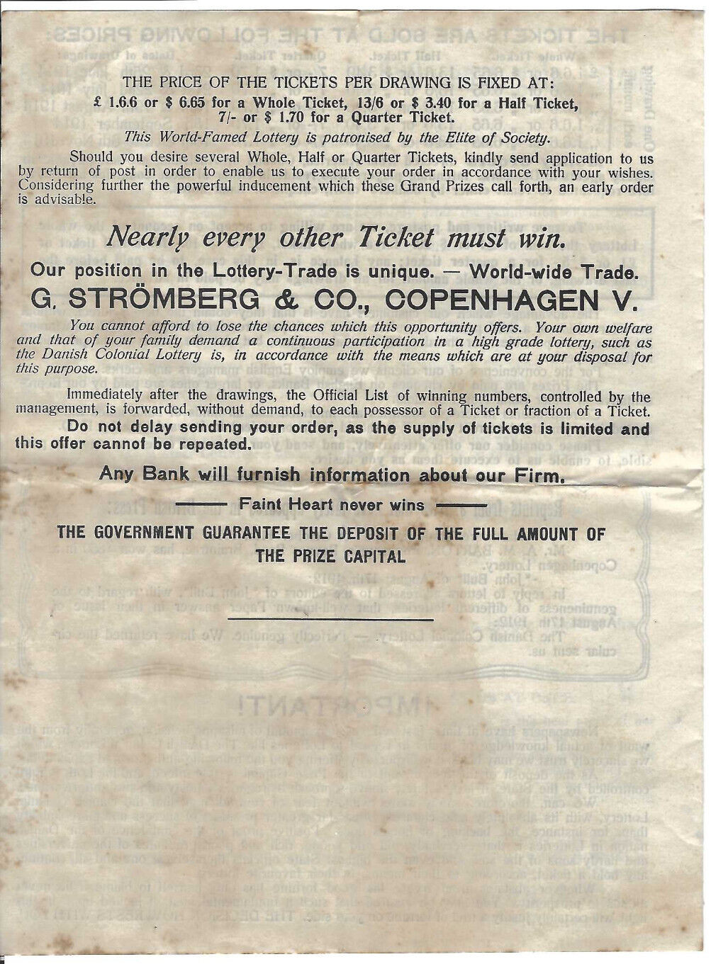 VTG 1914 ‘GREAT DANISH COLONIAL MONEY LOTTERY’ ADVERTISING BROCHURE~WIN $200,000