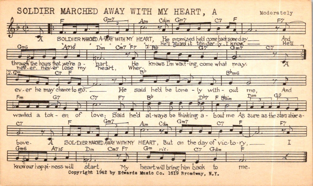 Tune-Dex Card A Soldier Marched Away With My Heart 1942 Edwards Music WWII