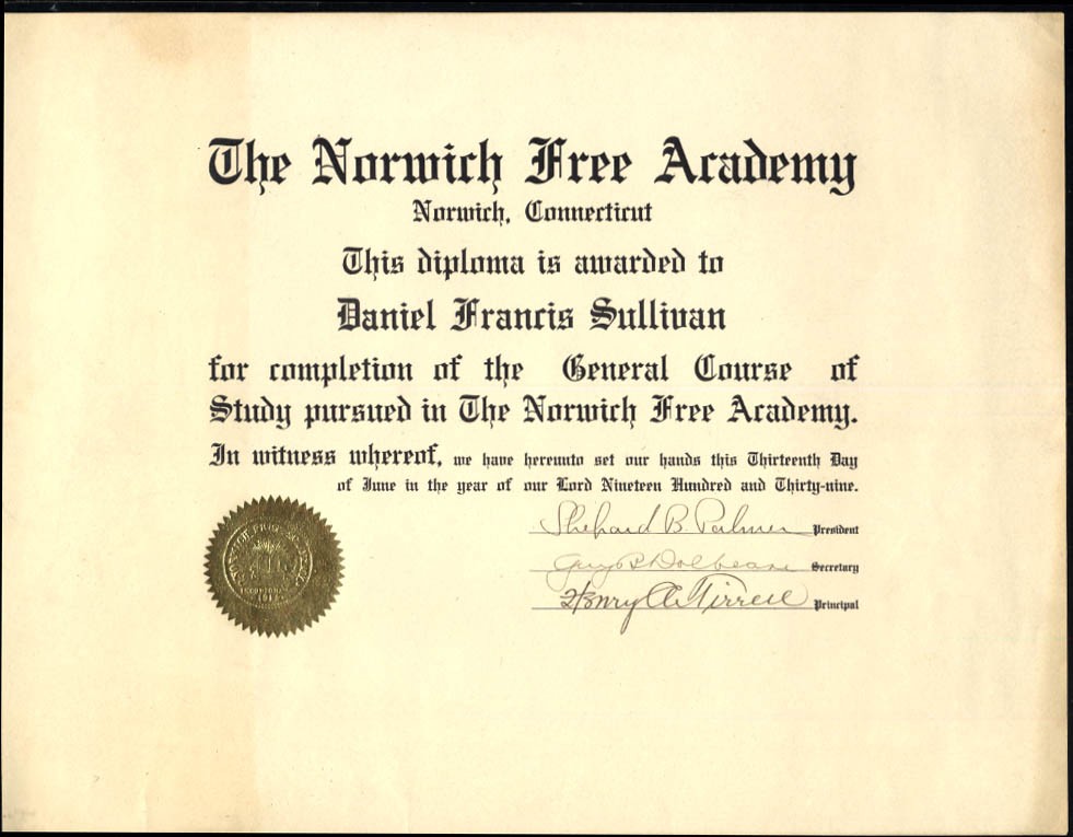 Norwich Free Academy General Course of Study Diploma 1939 CT