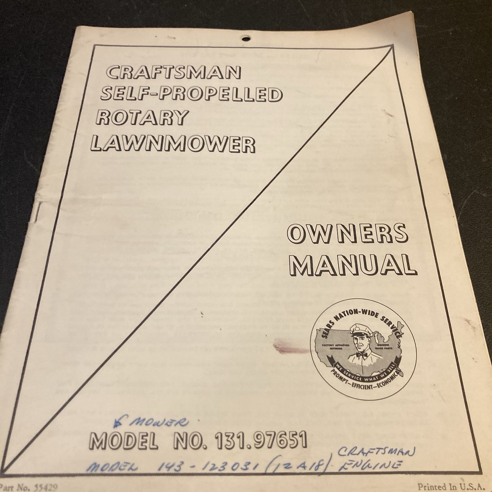Craftsman Rotary Lawnmower manual Model # 131.97651 1960s