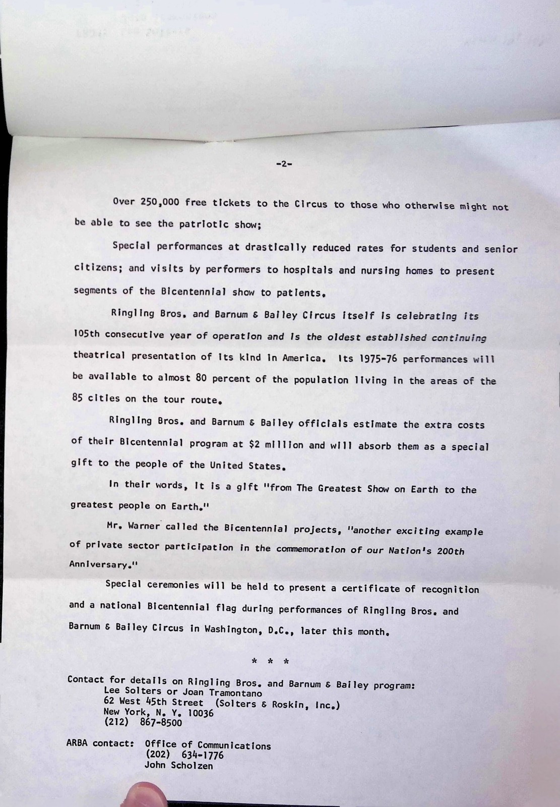 Ringling Bros Barnum & Bailey Circus Press Release 1975 Bicentennial Programs