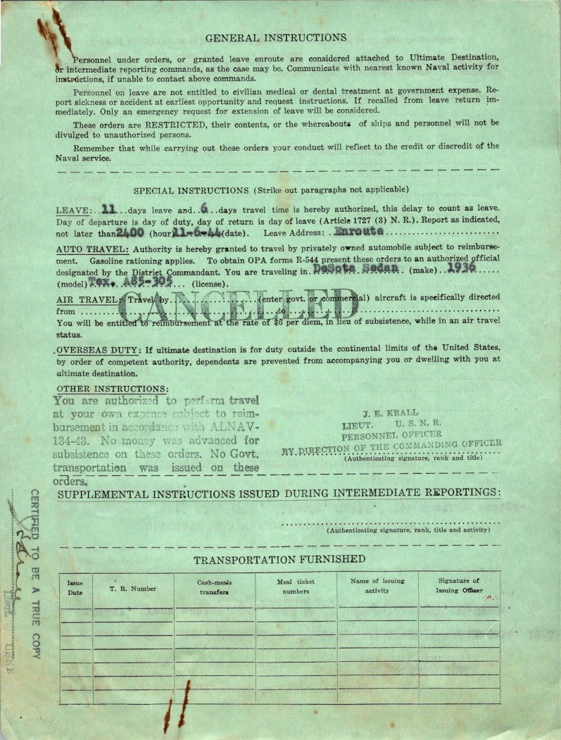 1944 WWII US Navy Transfer Order Frank Schley Muzzey Jr Alameda & Rationing