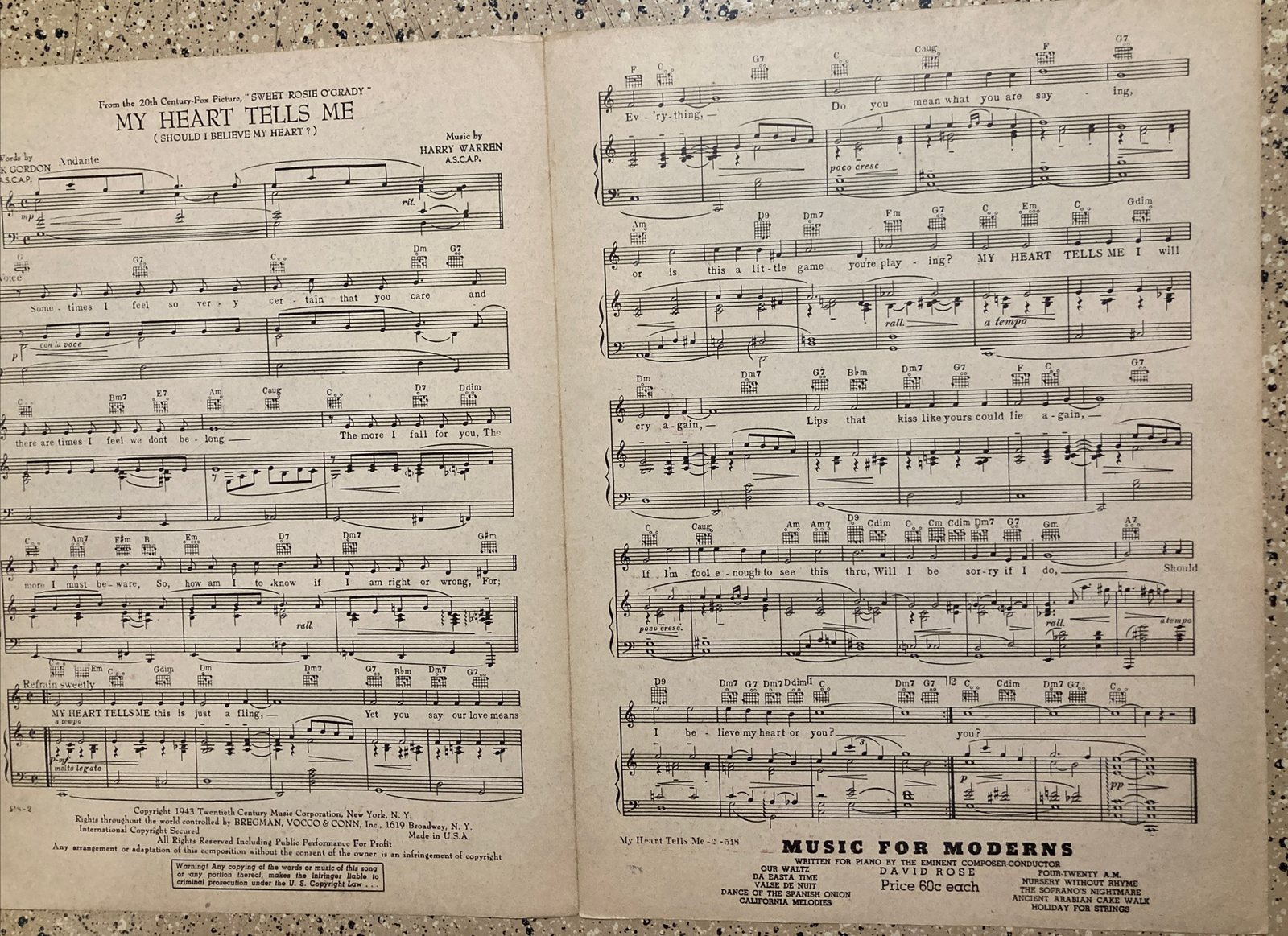 VINTAGE SHEET MUSIC MY HEART TELLS ME BETTY GRABLE ROBERT YOUNG SHOULD I BELIEVE